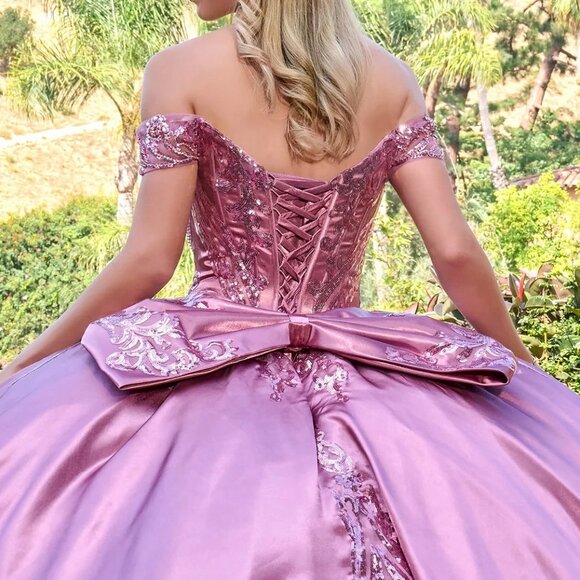 New Dusty Rose Off The Shoulder Maxi Satin Quinceanera Gown w/ Sequins GL3794 - Picture 10 of 14